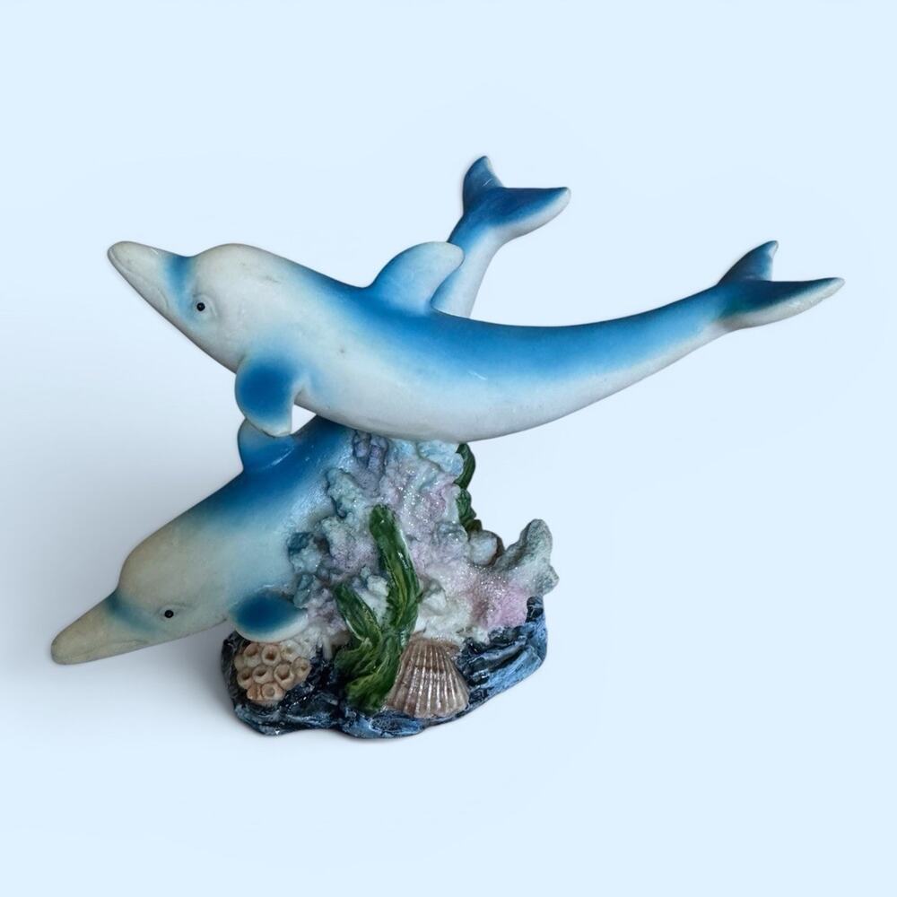 Vintage 2 Dolphin Figurine Ceramic Wave 5" Tall 90s Blue White
